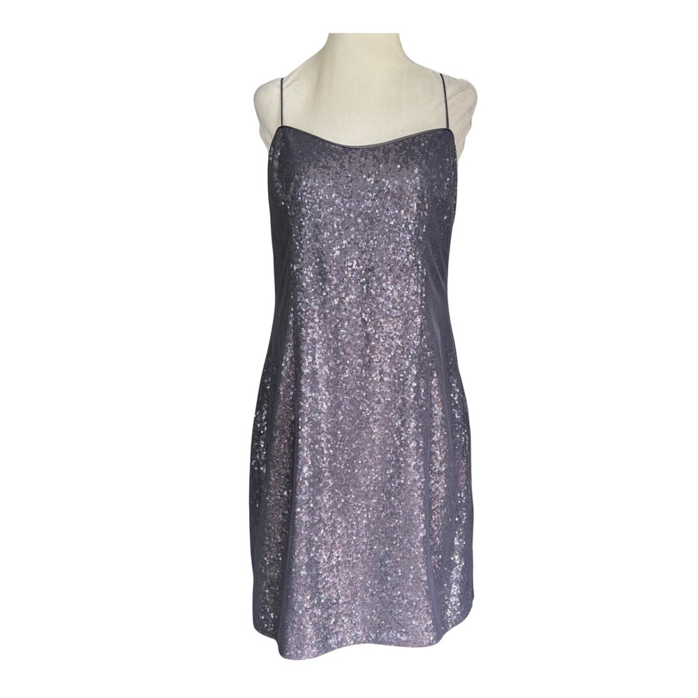 Kay Unger Metallic‎ Purple Silvery Gray Sequin Stretch Mini Dress Spaghetti 12